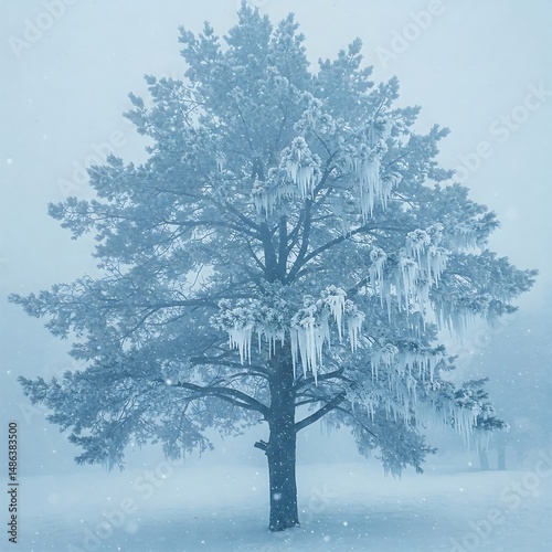 Wallpaper Mural Icicles gently forming on large pine tree with soft snow falling in tranquil layered watercolor forest background Torontodigital.ca