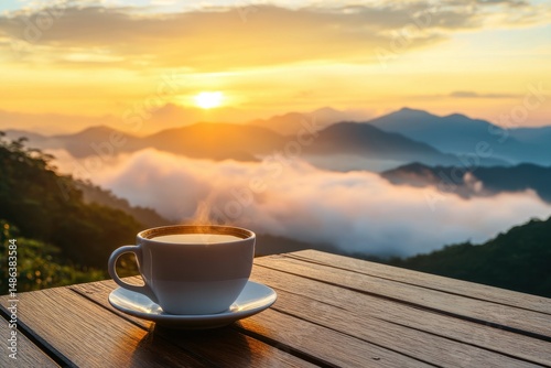 Enjoying a warm cup of coffee while watching the sunrise over mountain ranges and misty valleys, Cup of coffee on table with sunrise over mountain range and clouds Morning tranquility concept