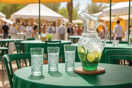 Refreshing pitcher of rebujito with two glasses on a traditional green table inside a caseta at the Seville April Fair, with festive background.