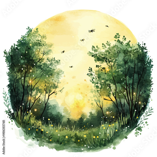 watercolor vector of Late Summer Evening With Fireflies, high quality, isolated on a white background.