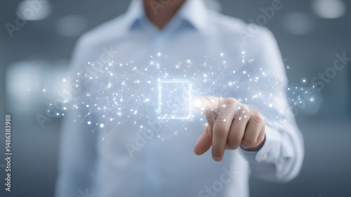 A person in a professional attire interacting with a futuristic minimalist digital interface with sparks of light surrounding the touch gesture