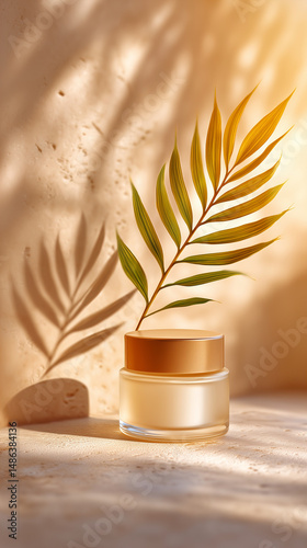 Cream Jar With Golden Lid Under Sunlight And Tropical Leaf Shadow