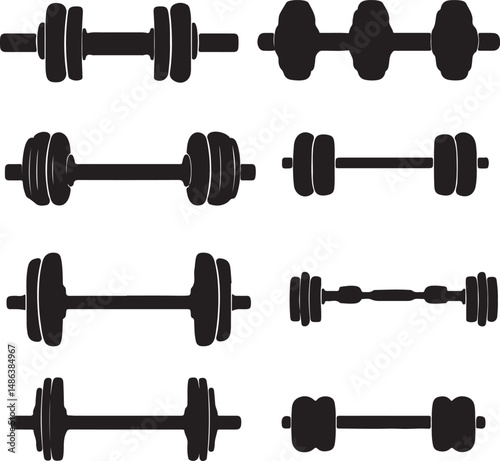 Black Dumbbells Silhouettes Set: Fitness Equipment Vector Illustration