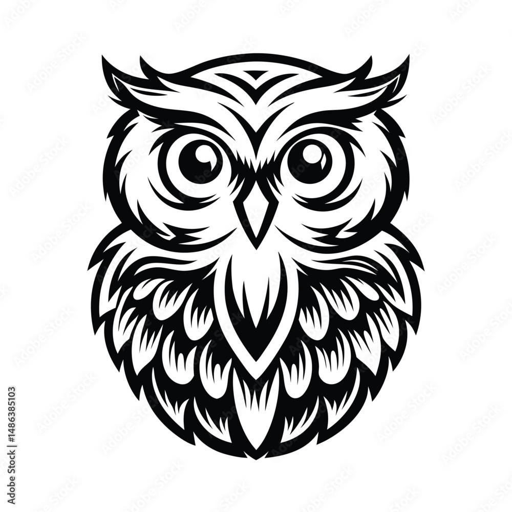 Fototapeta premium Owl Bird Silhouette Striking Monochrome Design, Stylized, Isolated on White