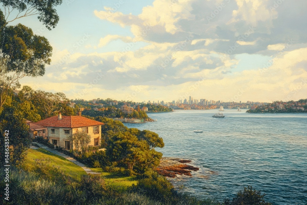 Fototapeta premium Breathtaking view from Bottle and Glass Point lookout showcasing Sydney Harbour with boats and skyline, Bottle and Glass point lookout in Sydney Harbour inlet