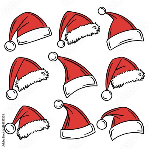 A collection of nine red Santa Claus hats with white fluffy brims and pom-poms, each depicted at a slightly different angle.