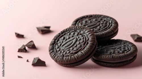 Three chocolate sandwich cookies with chocolate pieces on pink background.