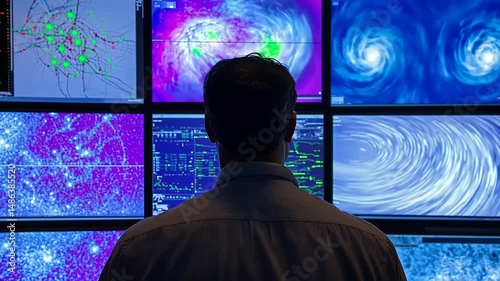 Observer analyzing complex weather patterns and data visualizations in a high-tech monitoring center