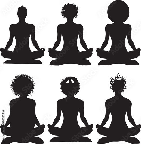 Silhouettes of People Meditating in Lotus Pose: Black and White Art