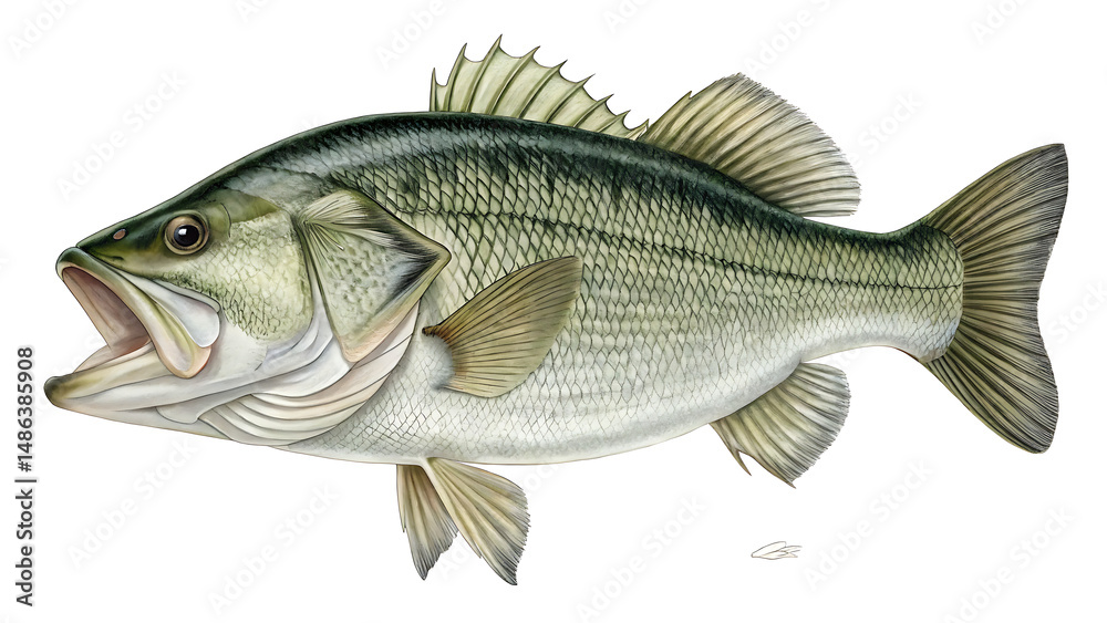 Fototapeta premium bass fish isolated on white background PNG. AI GENERATED