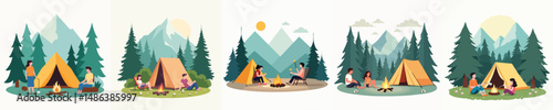 Flat Design Camping Family Activity Set – Summer Forest Adventure Around Campfire