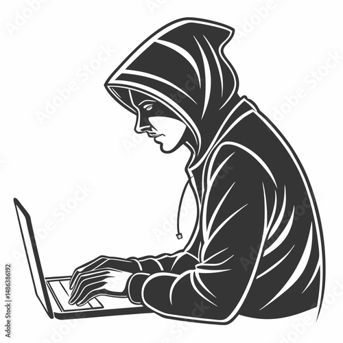 Hacker silhouette with laptop computer security threat illustration black and white