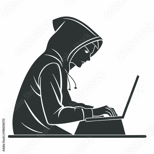 Hacker silhouette using laptop computer for cyber crime attack vector illustration
