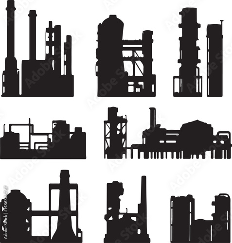 Industrial Silhouettes: Factory Buildings, Black Vector Illustrations