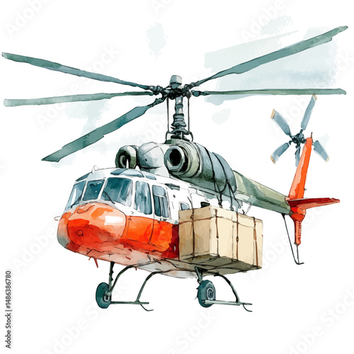 watercolor vector of Large Helicopter Lifting Heavy Cargo, high quality, isolated on a white background.