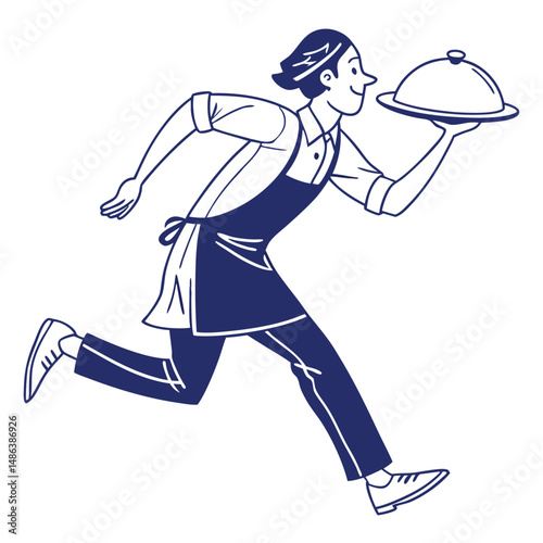 Running Waiter Outline Smiling Server Holds Covered Dish in Minimalist