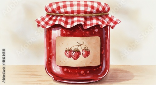 Strawberry jam in jar with gingham cover — watercolor illustration for local food and artisanal product branding