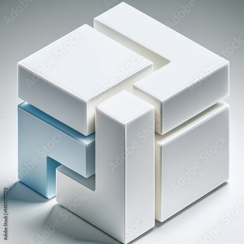 geometric puzzle, interlocking blocks, cube structure, 3D construction, spatial design, modular shape, abstract geometry, mechanical concept, structural arrangement, puzzle piece assembly, three-dimen