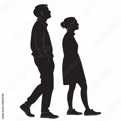 Silhouette of man and woman looking upward in casual clothes vector
