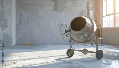 Concrete Mixer In An Empty Room Under Sunlight With Construction Tools