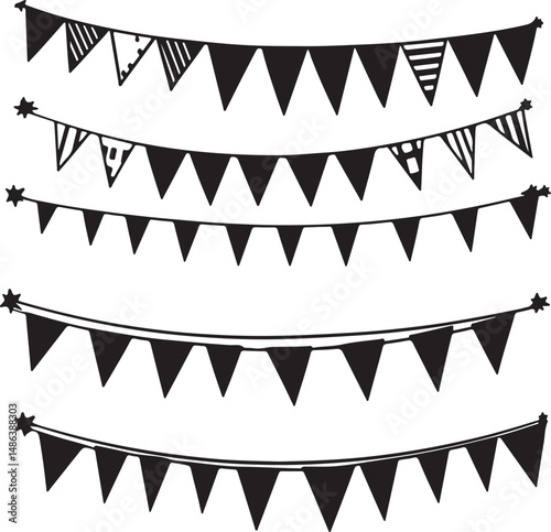 Black and White Hand-Drawn Bunting Banner Garland Vector Illustration