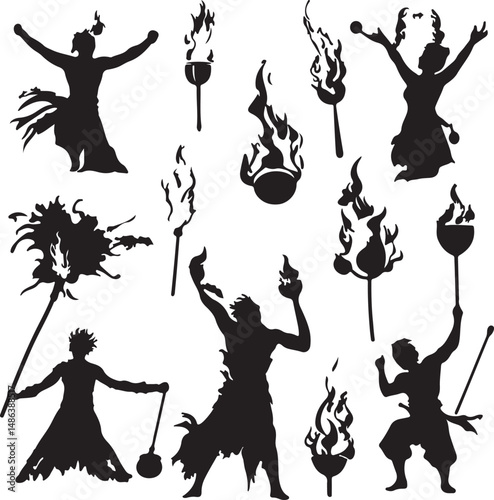 Silhouettes of Fire Performers with Torches: Black Vector Art