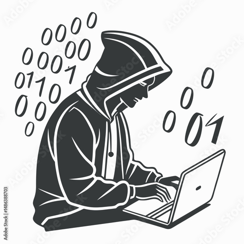 Hacker silhouette coding binary data on laptop cybersecurity illustration concept