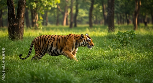 Tiger walking through tall green grass in a forest photo