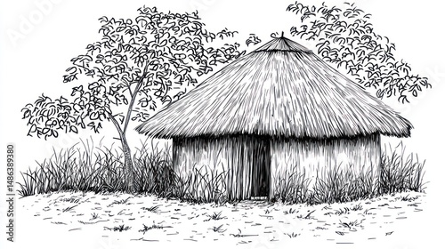 Hand-drawn African hut, trees and grass. Illustration for book or educational materials