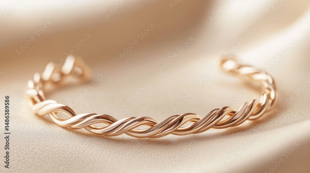 Fototapeta premium Elegant rose gold twisted bracelet on beige fabric