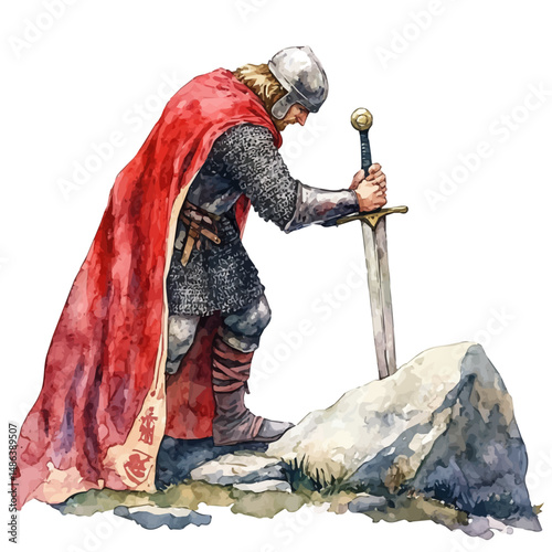 King Arthur Pulling Excalibur From The Stone, watercolor vector, high quality, isolated on a white background.