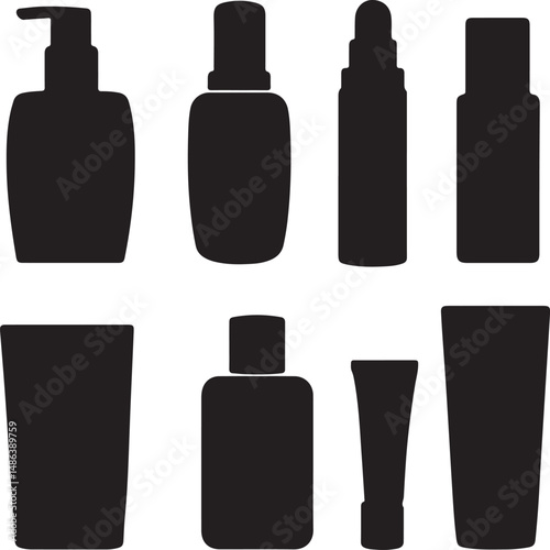 Black Silhouettes of Skincare Bottles and Cosmetic Containers