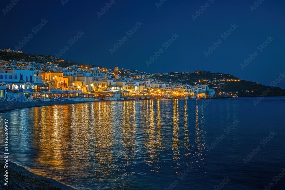 Fototapeta premium Nighttime illumination of Mykonos waterfront showcasing vibrant city lights reflecting on calm waters, City lights and illumination of Mykonos island in Greece in twilights of summer