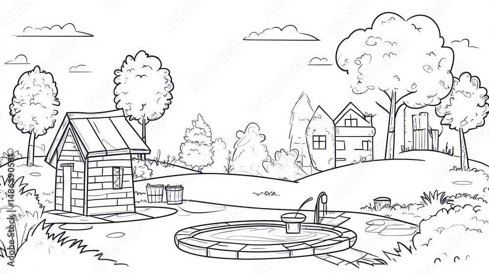 Fototapeta premium Simple black and white drawing of a landscape with a pool and house. Possible use Coloring book, educational material