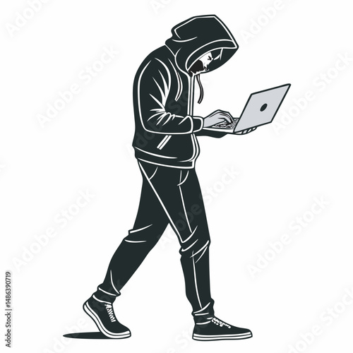 Hacker walking and using laptop black and white vector illustration