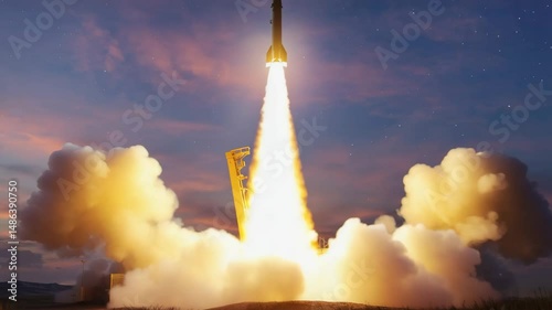 Large Missile Launching with Trail of Fire and Smoke into the Sky at Sunset