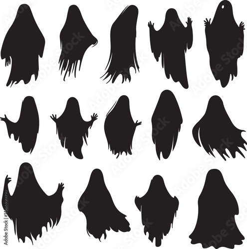 Black Ghost Silhouettes Set for Halloween Decorations and Design