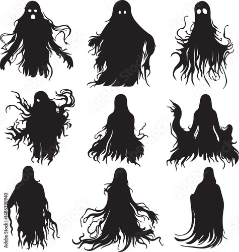 Spooky Ghost Silhouettes: Black Shadows of Eerie Specters Illustration