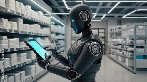 Robot Working with Tablet in Automated Warehouse or Retail Store