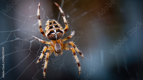 Large spider rests amidst its fine, intricate web in a dimly lit, dark setting. The spider's detailed coloration and the web are clearly visible against the dark backdrop.