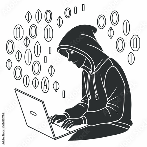 Hacker in hoodie with laptop surrounded by binary code illustration