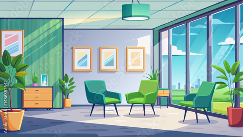 Modern office interior with blank framed poster on clean white wall and green chairs in waiting area with panoramic window view and soft lighting. 3D .