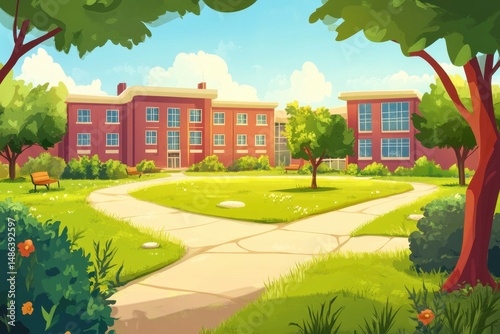 Fototapeta Naklejka Na Ścianę i Meble -  Colorful cartoon depiction of a school building and garden on a sunny day, Cartoon background of a school building and garden in summer