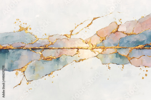 Abstract Watercolor Painting with Gold Accents on White Canvas in Soft Morning Light Serene Pastel Blue and Pink Tones Elegant Backdrop Wall Art Decoration