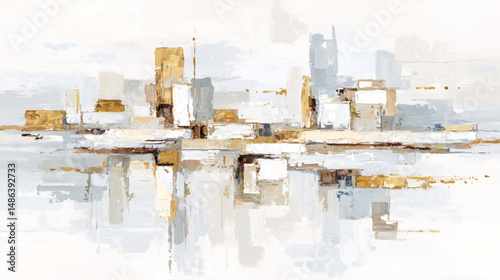 Abstract White and Gold Cityscape Minimalist Geometric Art Structural Elegance Painting Featuring Urban Skyline Architecture Building in a Contemporary Design