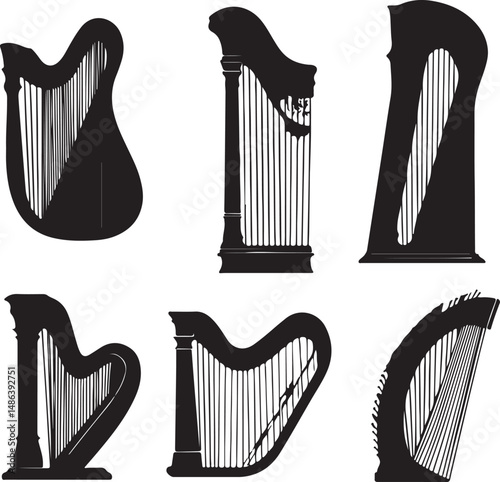 Silhouettes of Six Elegant Harps: Musical Instrument Vector Art