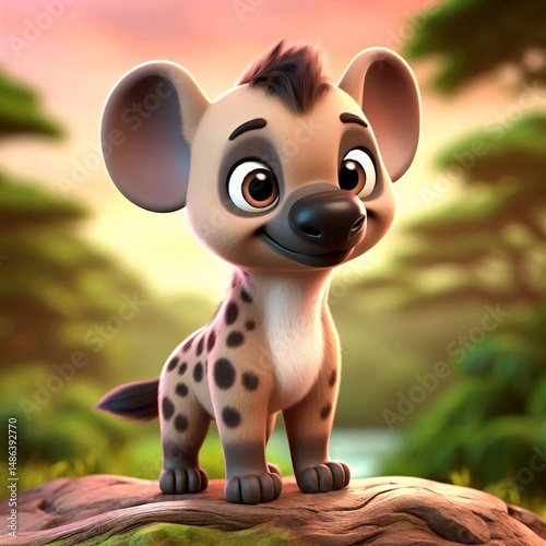 Cute cartoon hyena with big eyes and a cheerful expression in a vibrant jungle setting.