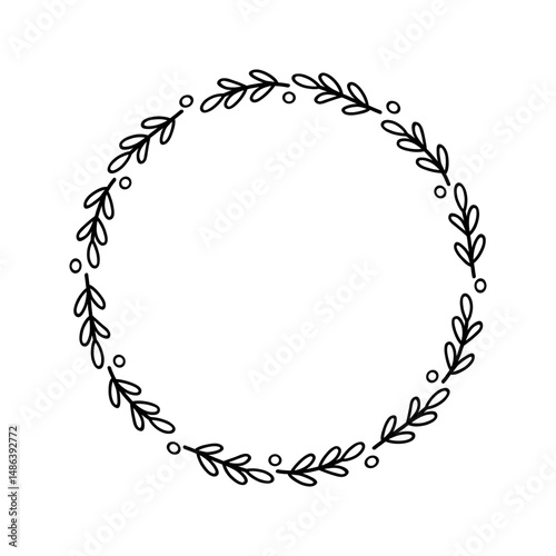 Minimal Botanical Wreath Black and White Hand-Drawn Doodle Circle Frame