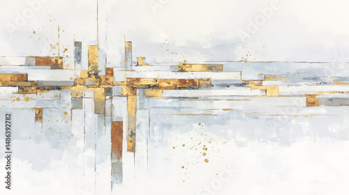 Abstract White and Gold Geometric Composition with Watercolor Textures Structural Elegance Minimalist Design and Stripes on a White Background for Modern Creative Backdrop