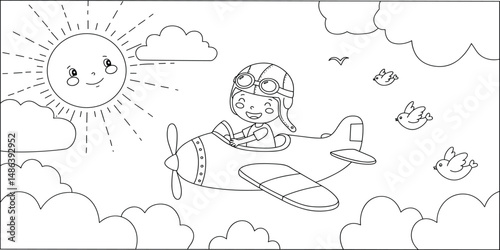 airplane pilot boy easy coloring page for children. ready to print on standard